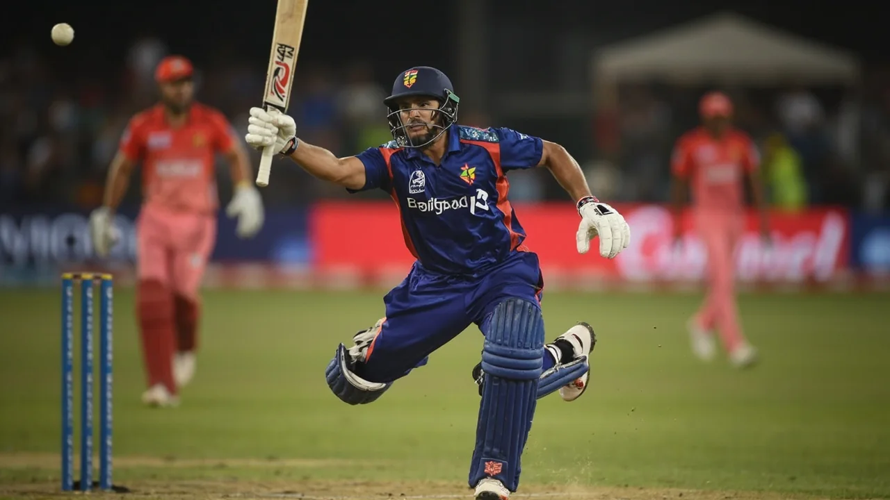 A tight sideline action frame of a bowler in mid-delivery stride against a batters crease at twilight