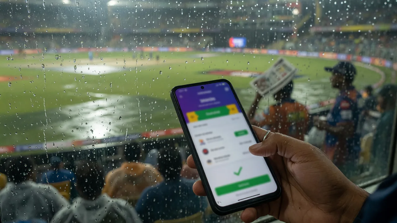 A wide view of a cricket ground during a daytime fixture with the scoreboard in focus