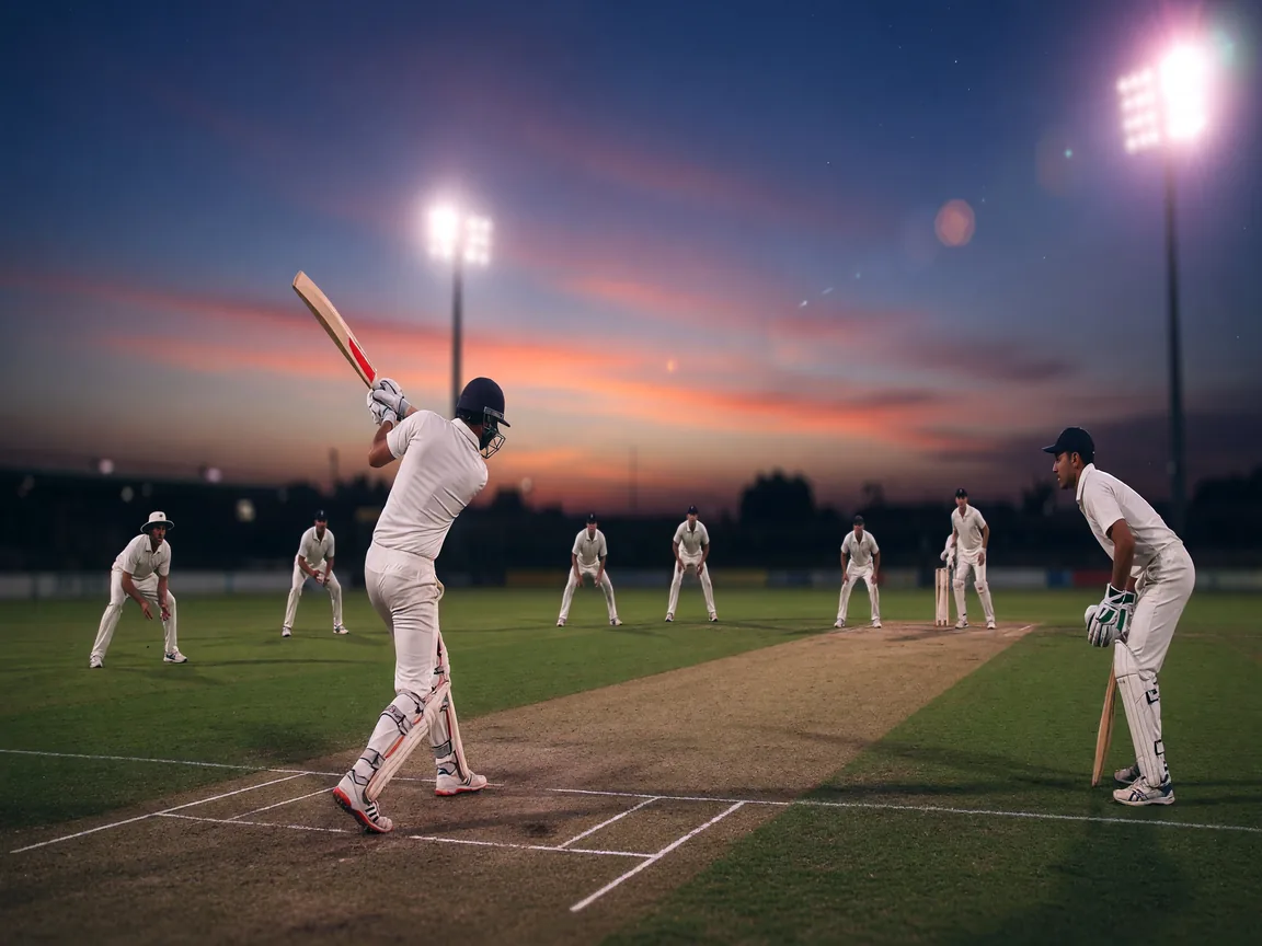 A floodlit stadium during a live T20 match