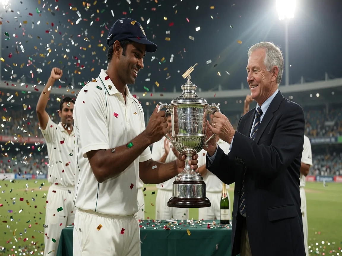 A celebratory cricket moment after a winning wicket