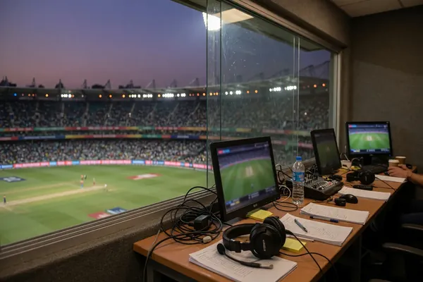 Stadium scoreboard at twilight during an IPL fixture