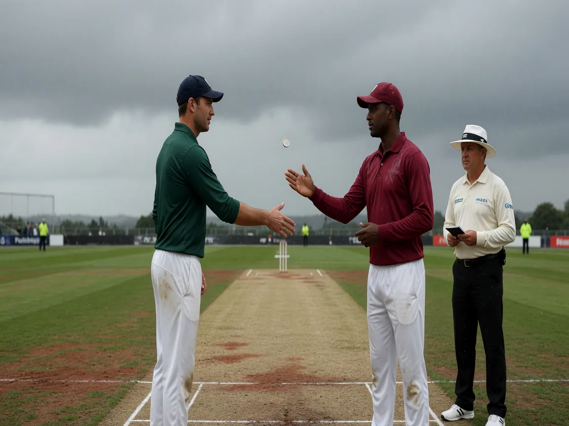 Two captains at the toss, coin in hand, under a clear afternoon sky