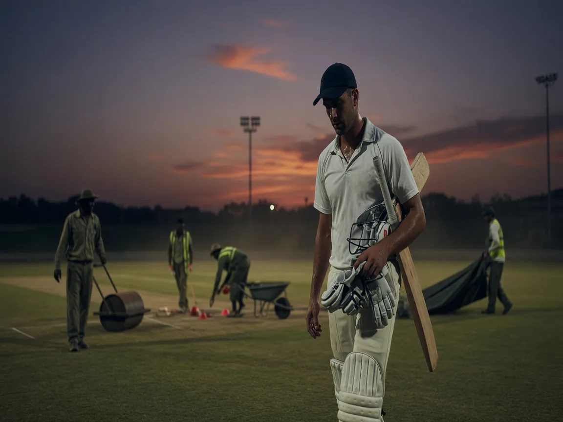 A bowler walking back to his mark in the long shadow of late afternoon
